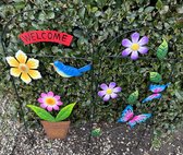 Metalen tuinstekers "Welcome + bloemen en vogel + Bloemen en vlinders" - Set van 2 stuks - meerkleurig - hoogte 75 cm x 33 x 2 cm + hoogte 72 cm x 30 x 2 cm - Tuindecoratie - tuinstekers