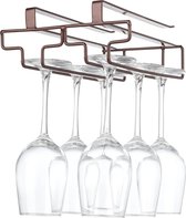 Wijnglashouder onder de kast, glazenhouder voor wijnglazen, steelglazen, hangend wijnglasplank, glashouder van metaal, glazen opslag voor keuken, bar en restaurant, bruin