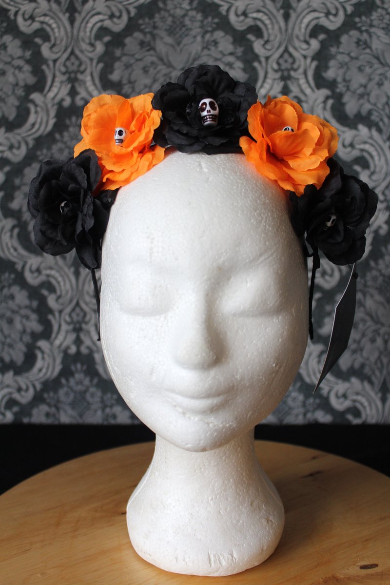 Diadeem met zwarte en oranje bloemen en skulls - Merkloos