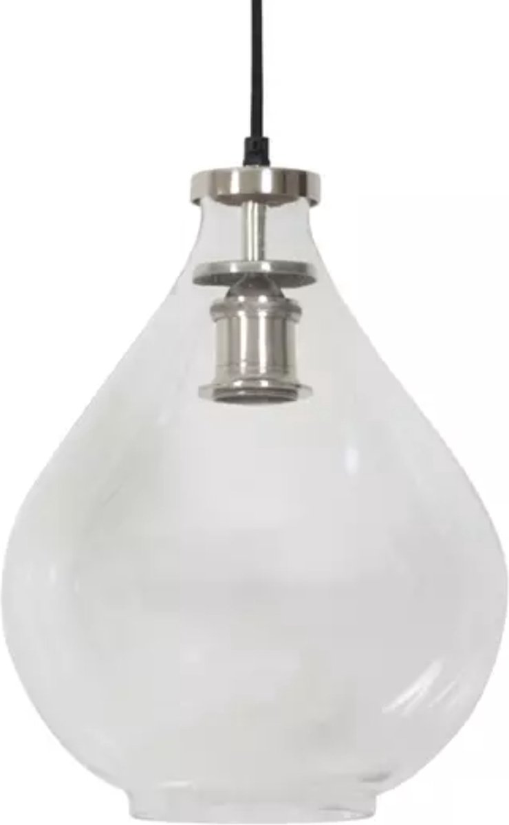 LM-Collection Casey Hanglamp - Ø25x36cm - E27 - Transparant/Nikkel - Glas/Metaal - hanglampen eetkamer, hanglamp zwart, hanglampen woonkamer, hanglamp slaapkamer, hanglamp kinderkamer, hanglamp rotan, hanglamp hout, hanglamp industrieel