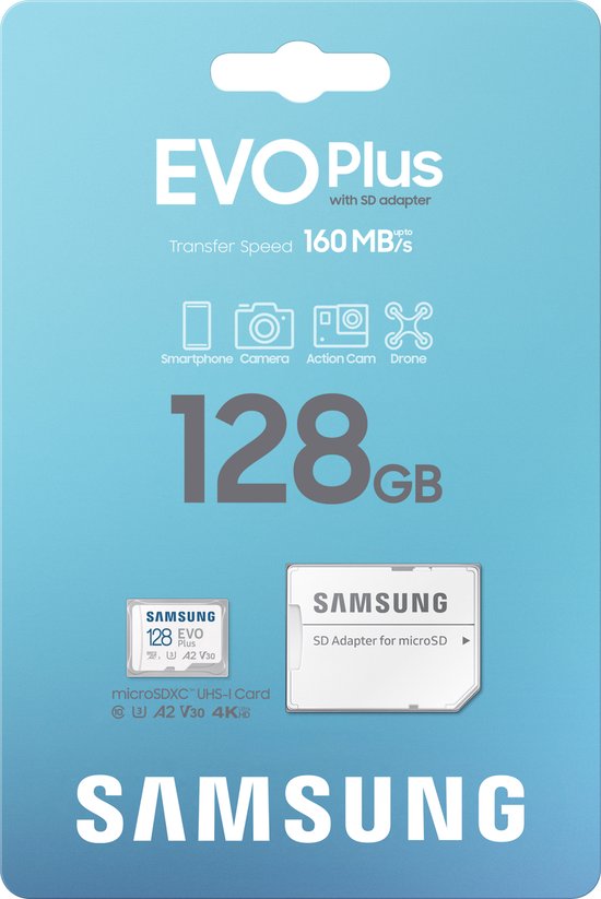 Verpakking van Samsung EVO Plus microSD-kaart met 128GB opslag, inclusief SD-adapter en specificaties.