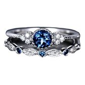 Ring blauwe steen (set) - Met edelsteen - Ring met steen dames - Ring maat 19 zilver kleurig staal - Maat 59 ring dames ringen set van 2 - Blauw
