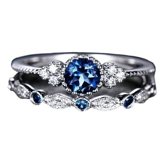 Ring blauwe steen (set) - Met edelsteen - Ring met steen dames - Ring maat 19 zilver kleurig staal - Maat 59 ring dames ringen set van 2 - Blauw