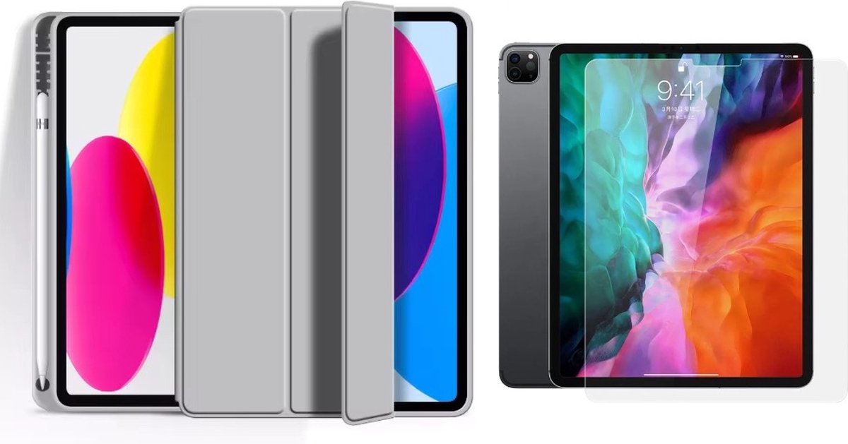 Techgrip - Tablet Hoes Geschikt voor iPad Pro 12.9 2018-2020-2021-2022 Inclusief 9H HD Screenprotector Beschermglas - 12.9 inch Smart Cover Tablet hoes met Aan en Uit functie - Bookcase hoes met styluspen opbergvak Grijs