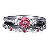 Ring roze steen (set) - Ring rozenkwarts zilver - Ring maat 16 zilver kleurig staal - Maat 51 ring dames ringen set van 2 - Roze