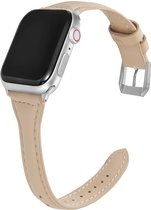 Slanke Leren Band - Beige - Voor 42mm - 44mm - 45mm - 49mm Apple Watch - Dunne elegante echt lederen smartwatchband geschikt voor iWatch Ultra 1/2 Series 9 8 7 6 5 4 3 2 1 SE grote modellen