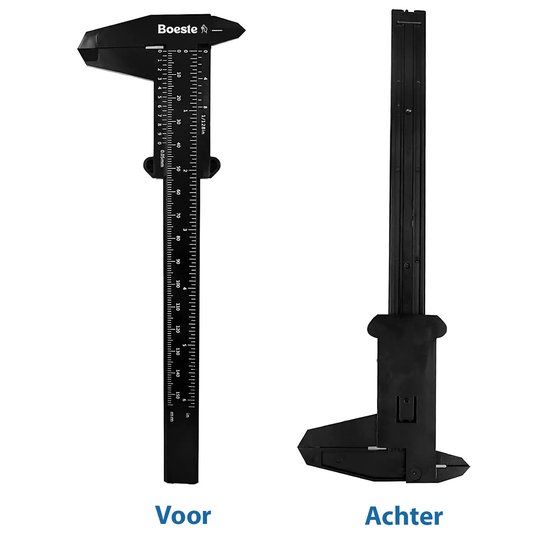 Zwarte schuifmaat van Boeste, met duidelijke schaalverdeling in mm en inches, voorkant en achterkant.