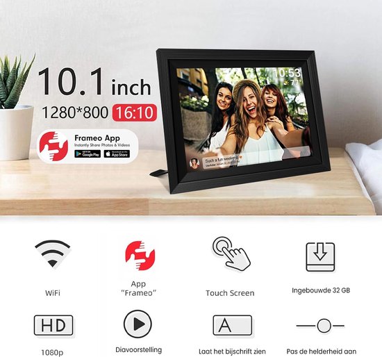 Digital Photo Frame WiFi Oak Wood Frame, Frameo Digital Picture Frame 10.1 Inch, 32GB Memory, 1280