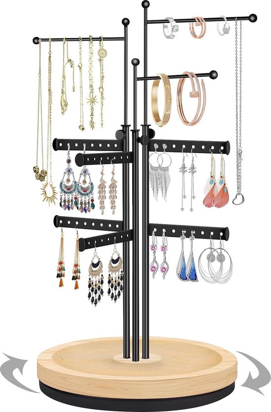 Draaibare sieradenstandaard, in hoogte verstelbare sieradenboom met houten sokkel, sieradenhouder van metaal voor het opbergen van oorbellen, halskettingen, armbanden, horloges en ringen