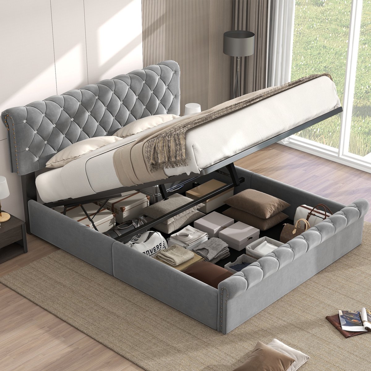 Sweiko Gestoffeerd bed, tweepersoonsbed, hydraulisch functioneel bed, fluweel, continentaal bed, kristal gesp, in hoogte verstelbaar hoofdeinde, 140 x 200, grijs