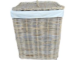 Rieten Wasmand 42cm | Deksel & Linnen Voering | Zwarte Leren Handgrepen | Handgemaakt Indonesië
