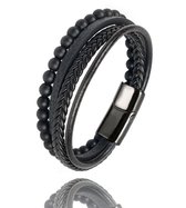 Bracelet en cuir cuir noir 21cm - avec aimant - Emballage cadeau inclus - Bracelets en cuir Mauro Vinci