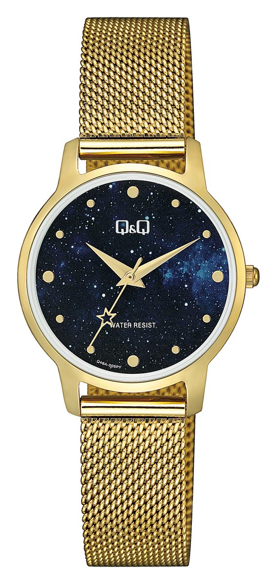 QQ-Dames-Horloge-Analoog-Milanese band-Goudkleurig-Blauwe wijzerplaat-30MM-Sterren secondewijzer-Q48A-005PY