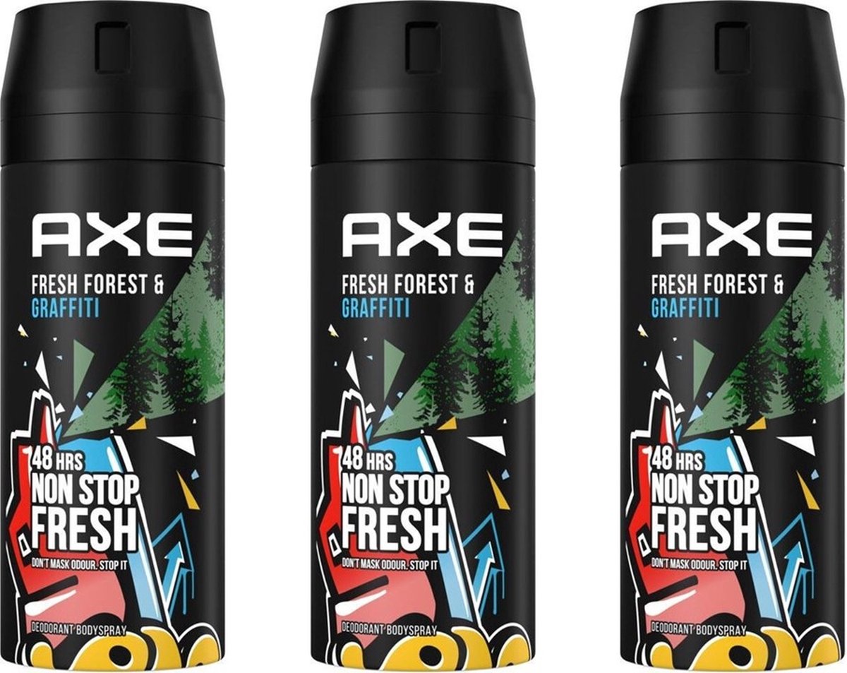Goedkoopste Axe Deospray - Collision Fresh Forest Graffiti 150 ml - Voordeelverpakking 3 stuks