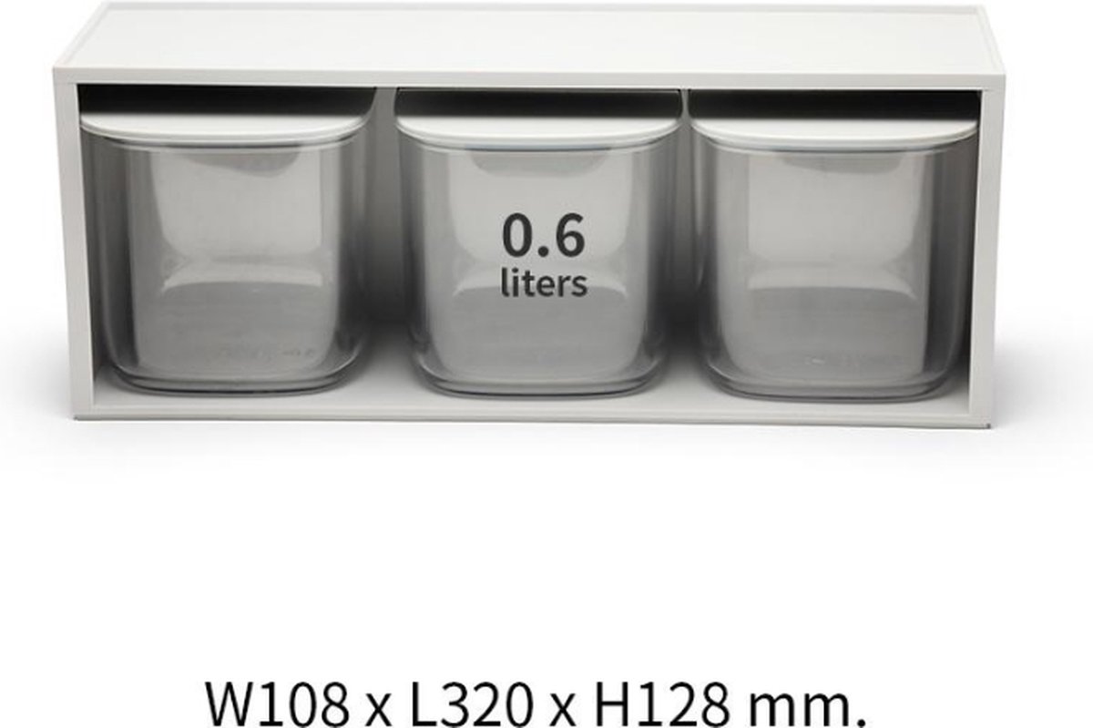 Qualy - Voorraadpot Voedselcontainer 0.6L “FLAT TOP Storage Jar Drawer Rack” W108 x L320 x H128 mm 932 gr Grijs