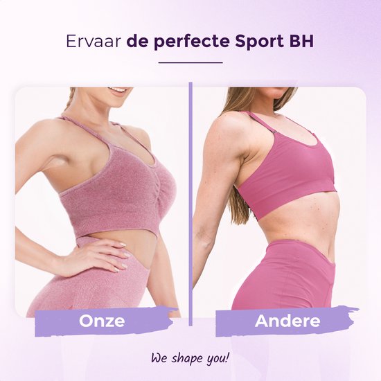 Vergelijking van twee roze sportbeha's. Links de "Onze" met subtiele ruching, rechts de "Andere".