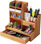 Houten Pennenhouder met Lade - DIY Bureau Opbergsysteem - Bureau Organizer voor Thuis, School en Kantoor - Donkerbruin - 4.2D x 19.1W x 30.6H