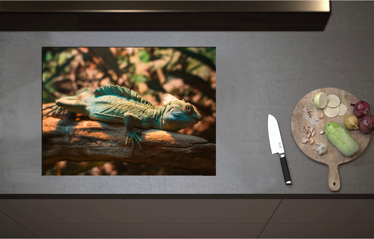 Inductieplaat Beschermer - Blauw-Groene Kameleon Liggend op Houten Boomstam - 70x52 cm - 2 mm Dik - Inductie Beschermer - Bescherming Inductiekookplaat - Kookplaat Beschermer van Zwart Vinyl
