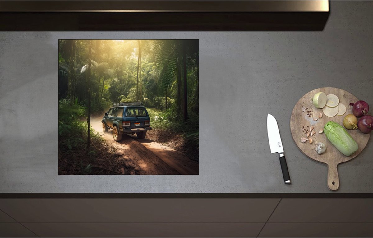 Inductieplaat Beschermer - Blauwe Truck rijdend door Wegen in de Jungle - 57x55 cm - 2 mm Dik - Inductie Beschermer - Bescherming Inductiekookplaat - Kookplaat Beschermer van Zwart Vinyl
