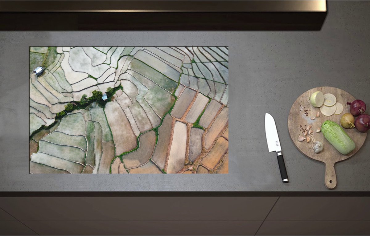 Inductieplaat Beschermer - Bovenaanzicht van de Rijstvelden van Vietnam - 80x52 cm - 2 mm Dik - Inductie Beschermer - Bescherming Inductiekookplaat - Kookplaat Beschermer van Wit Vinyl