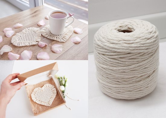 Macramé hartjes onderzetters, een hartje in een doosje en een rol touw.