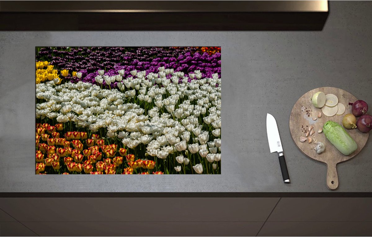 Inductieplaat Beschermer - Bloemenveld van Gele, Paarse, Witte en Oranje Bloemen - 75x52 cm - 2 mm Dik - Inductie Beschermer - Bescherming Inductiekookplaat - Kookplaat Beschermer van Wit Vinyl