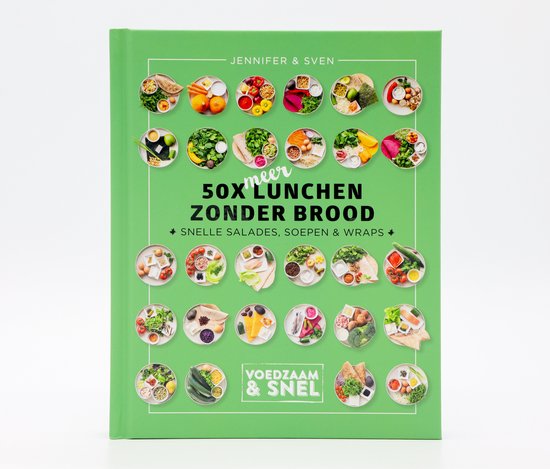 Boekomslag met de titel '50x meer lunchen zonder brood' en diverse kleine afbeeldingen van voedzame lunches.