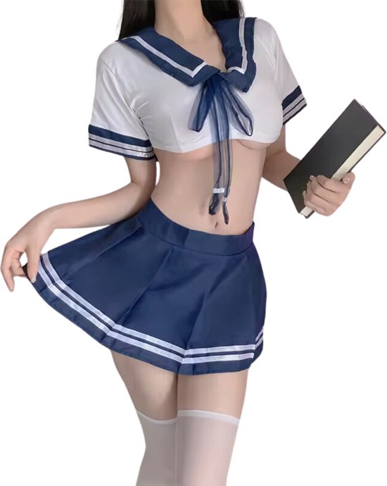 Goedkope sexy schoolgirl kostuum - Blauw