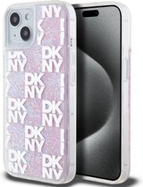 DKNY Liquid Glitter Checkered Pattern Back Case - Geschikt voor Apple iPhone 15 (6.1") - Roze