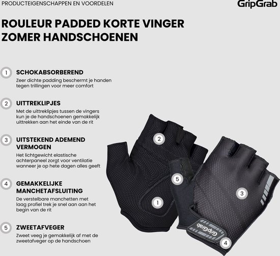 GripGrab - Rouleur Padded Korte Vinger Zomer Fietshandschoenen Wielrenhandschoenen met Padding - Zwart - Unisex - Maat M van Merkloos — afbeelding 2