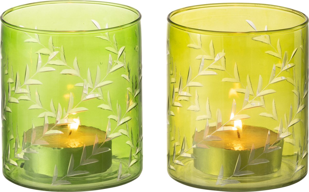 J-Line theelichthouder Bladeren - glas - groen - large - 2 stuks