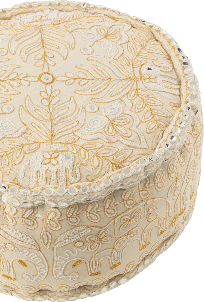 J-Line poef Rond Olifanten + Spiegels - katoen - creme/goud - large Wit