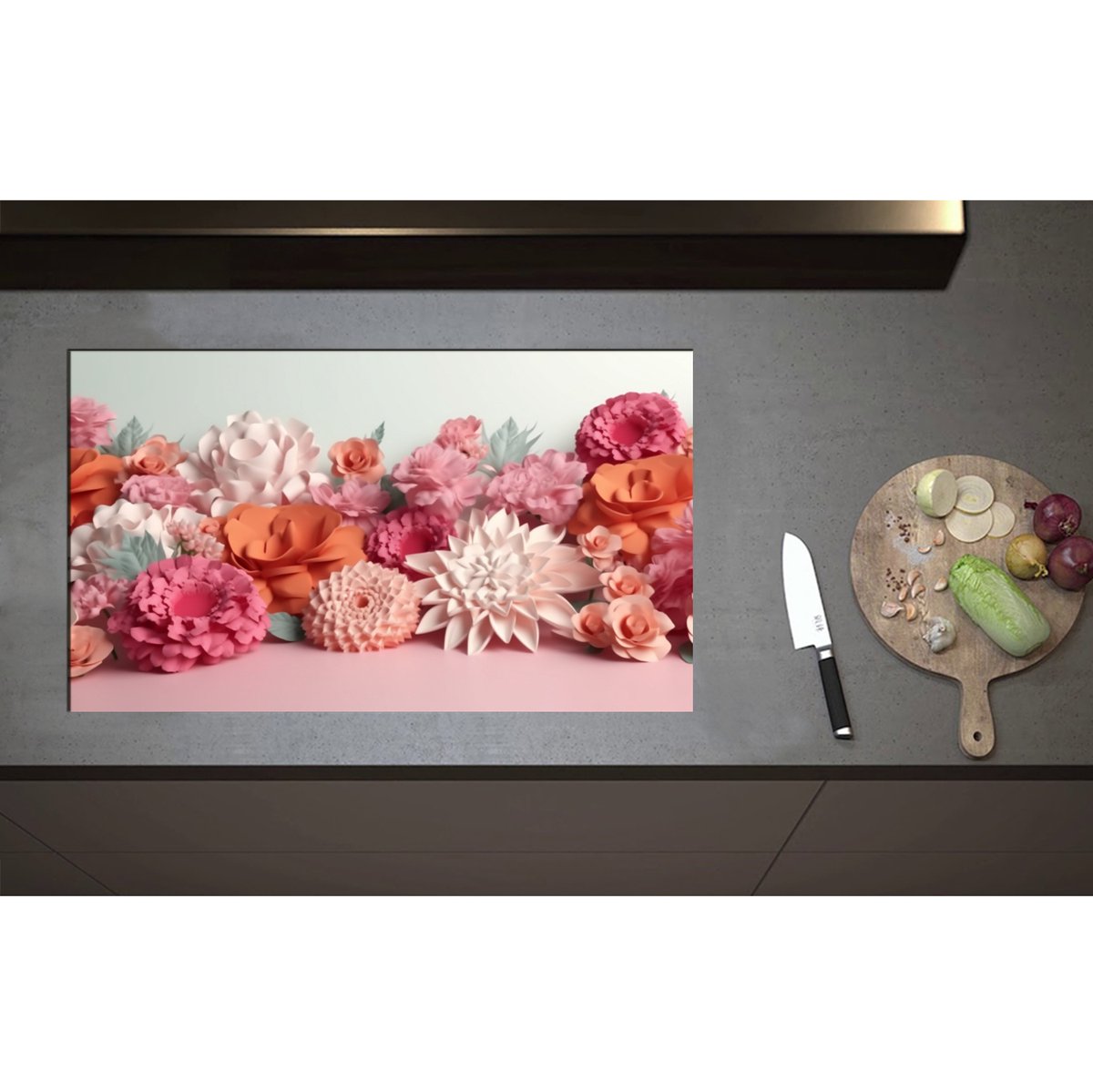Inductieplaat Beschermer - Boeket van Papieren Bloemen - 85x50 cm - 2 mm Dik - Inductie Beschermer - Bescherming Inductiekookplaat - Kookplaat Beschermer van Wit Vinyl