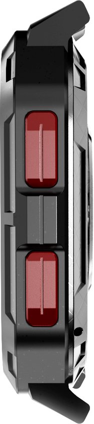 Zijkant van een zwarte smartwatch met rode knoppen.