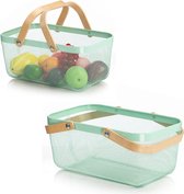 RVS boodschappen mandje winkelmandje met houten hengsel (40x25x18,5cm) groen