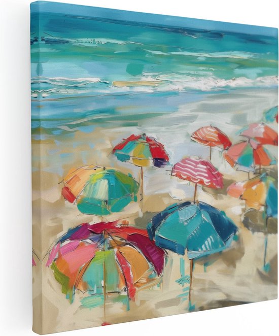 Artaza Canvas Schilderij Kleurrijke Parasols op het Strand - Foto Op Canvas - Canvas Print