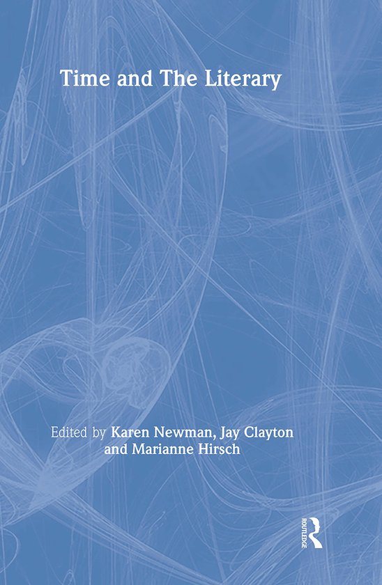 Boekcover met de titel 'Time and The Literary' op een blauwe achtergrond met lijnen.