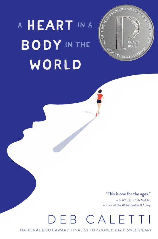 Boek 'A Heart in a Body in the World' met een zilveren medaille en een rennende figuur op een heuvel.