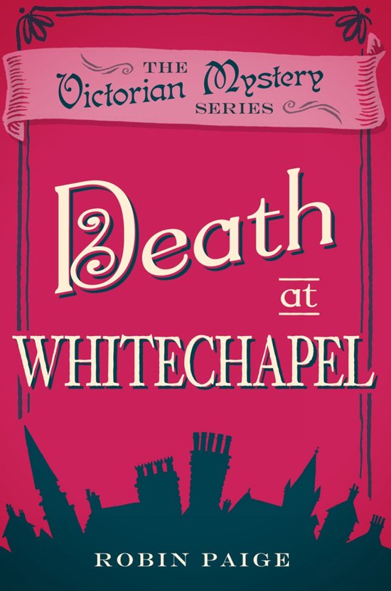 Boek 'Death at Whitechapel' uit de Victorian Mystery Series, met een roze achtergrond en silhouetten van gebouwen.