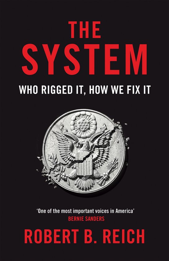 Couverture du livre 'The System Who Rigged It, How We Fix It' avec un aigle américain sur un symbole de pièce sur fond noir.