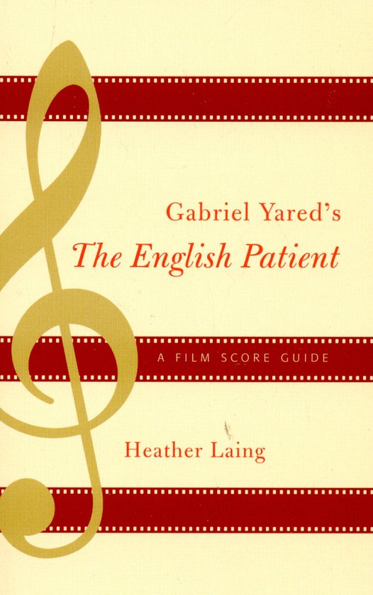 Boek "The English Patient" van Gabriel Yared, met een grote gouden vioolsleutel en rode filmstroken.