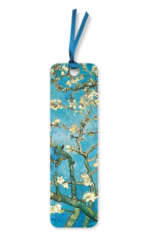 Blauwe bladwijzer met 'Amandelbloesem' van Van Gogh. Met een blauw lintje.