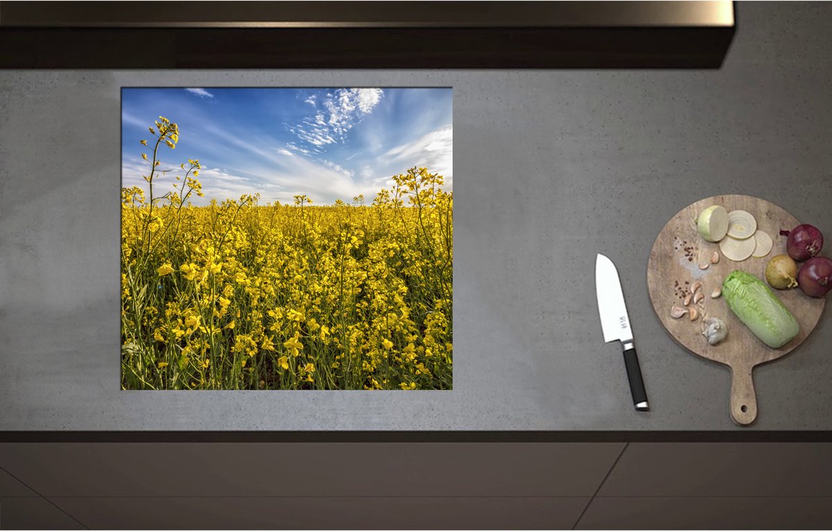 Inductieplaat Beschermer - Bloeiende Gele Bloemen op een Mooie Lentedag - 60x55 cm - 2 mm Dik - Inductie Beschermer - Bescherming Inductiekookplaat - Kookplaat Beschermer van Wit Vinyl
