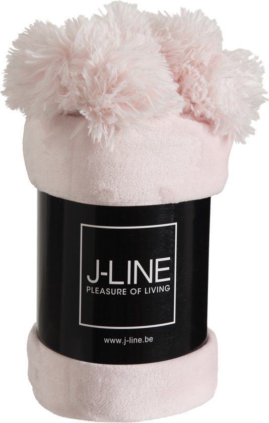 J-Line Plaid Pompom - fleece deken - polyester - lichtroze - 170 x 130 cm - woonaccessoires