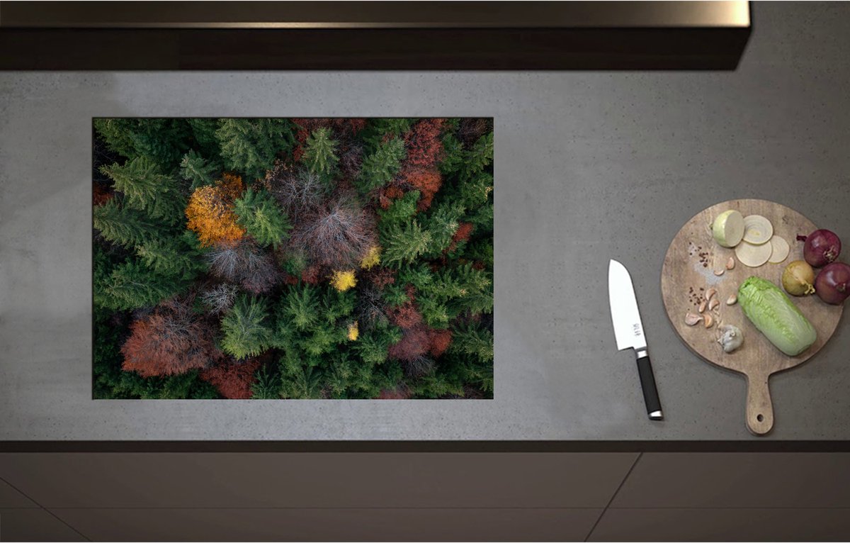 Inductieplaat Beschermer - Bovenaanzicht van Coniferen Bomen in Verschillende Kleuren - 71x50 cm - 2 mm Dik - Inductie Beschermer - Bescherming Inductiekookplaat - Kookplaat Beschermer van Zwart Vinyl