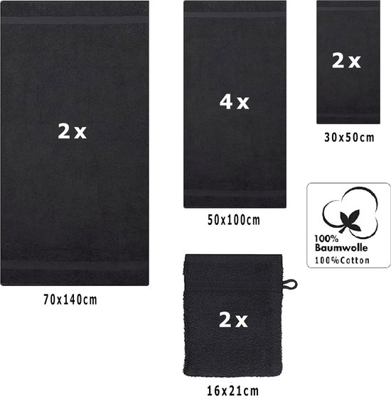 10 Stuk Handdoek Set PREMIUM 100% Katoen 2 Waswanten 2 Gastendoeken 4 Handdoeken 2 Badhanddoeken kleur zwart