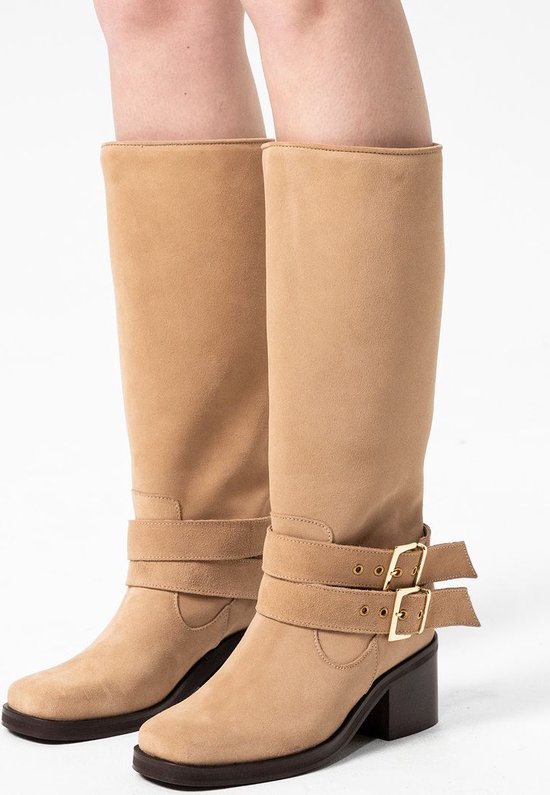Sacha Dames Beige suede hoge buckle laarzen Maat 36 bol