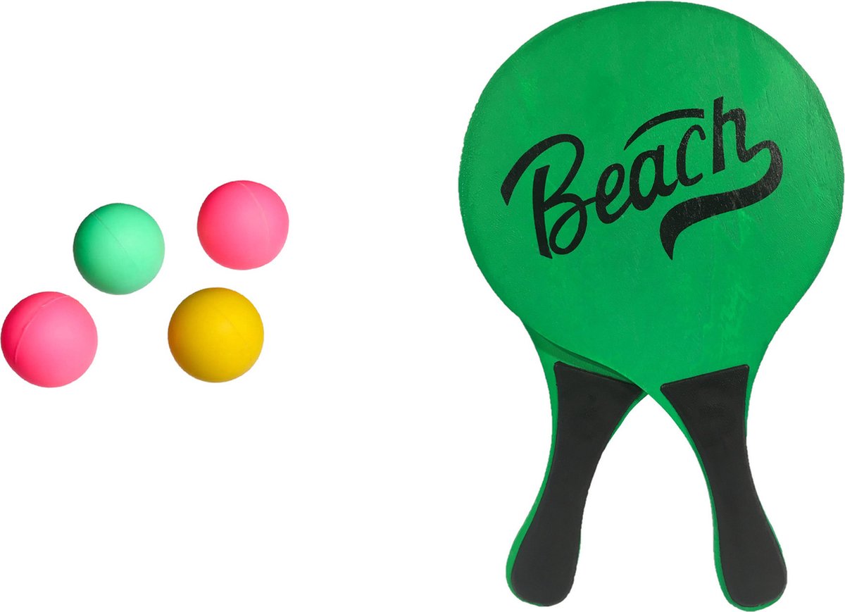 Gebro strand Beachball set - hout - groen - strand sport speelset - met 5x balletjes - speelgoed - kinderen en volwassenen