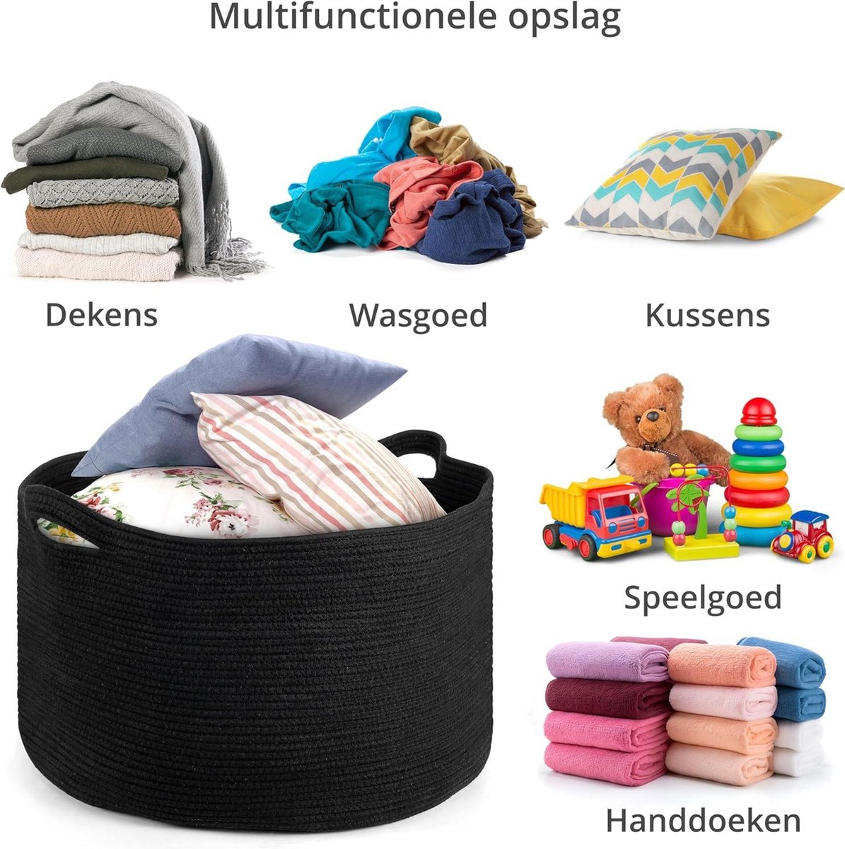 thumbnail: HONCESTA Grote Zwarte Opbergmand Met Deksel - Katoenen Touw Mand 50,8 Cm Voor Dekens & Speelgoed