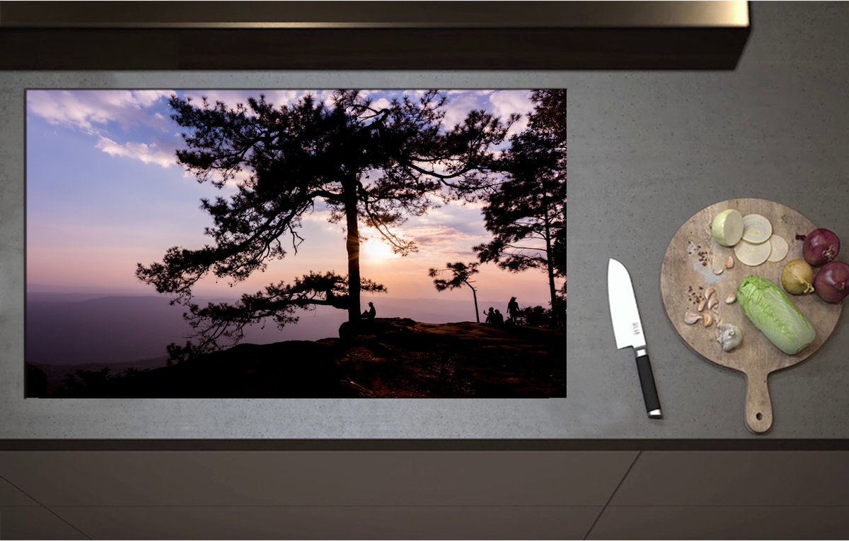 Inductieplaat Beschermer - Boom met Paarse Zonsondergang - 95x55 cm - 2 mm Dik - Inductie Beschermer - Bescherming Inductiekookplaat - Kookplaat Beschermer van Wit Vinyl
